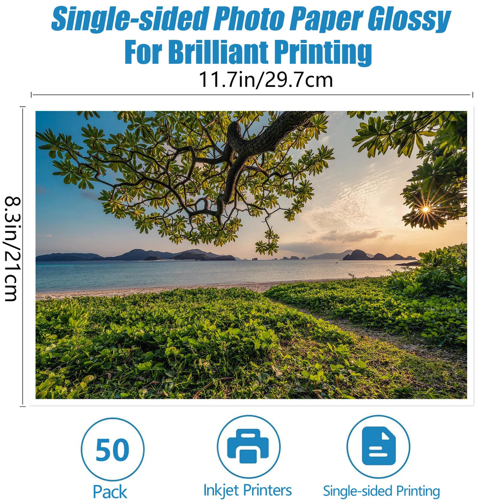 50 Sheets A4 Glossy Adhesive Photo Paper 8.3x11.7" Premium Inkjet Printer Paper for Photos Calendars Brochures Cards