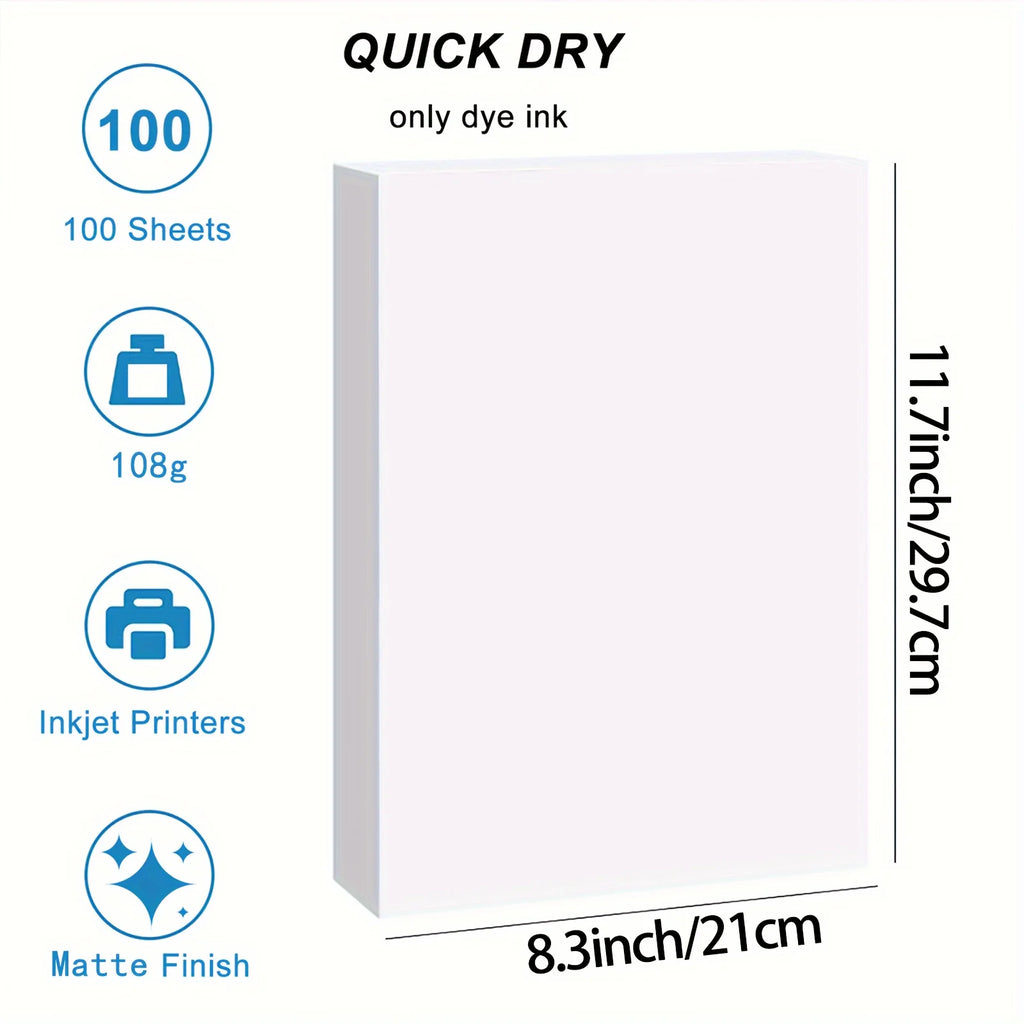 A4 Size 100 Sheets Presentation Paper Matte 8.3x11.7 Inkjet 32lb 108gsm Single Side Printable Photo for All Dye InkInkiet Printe